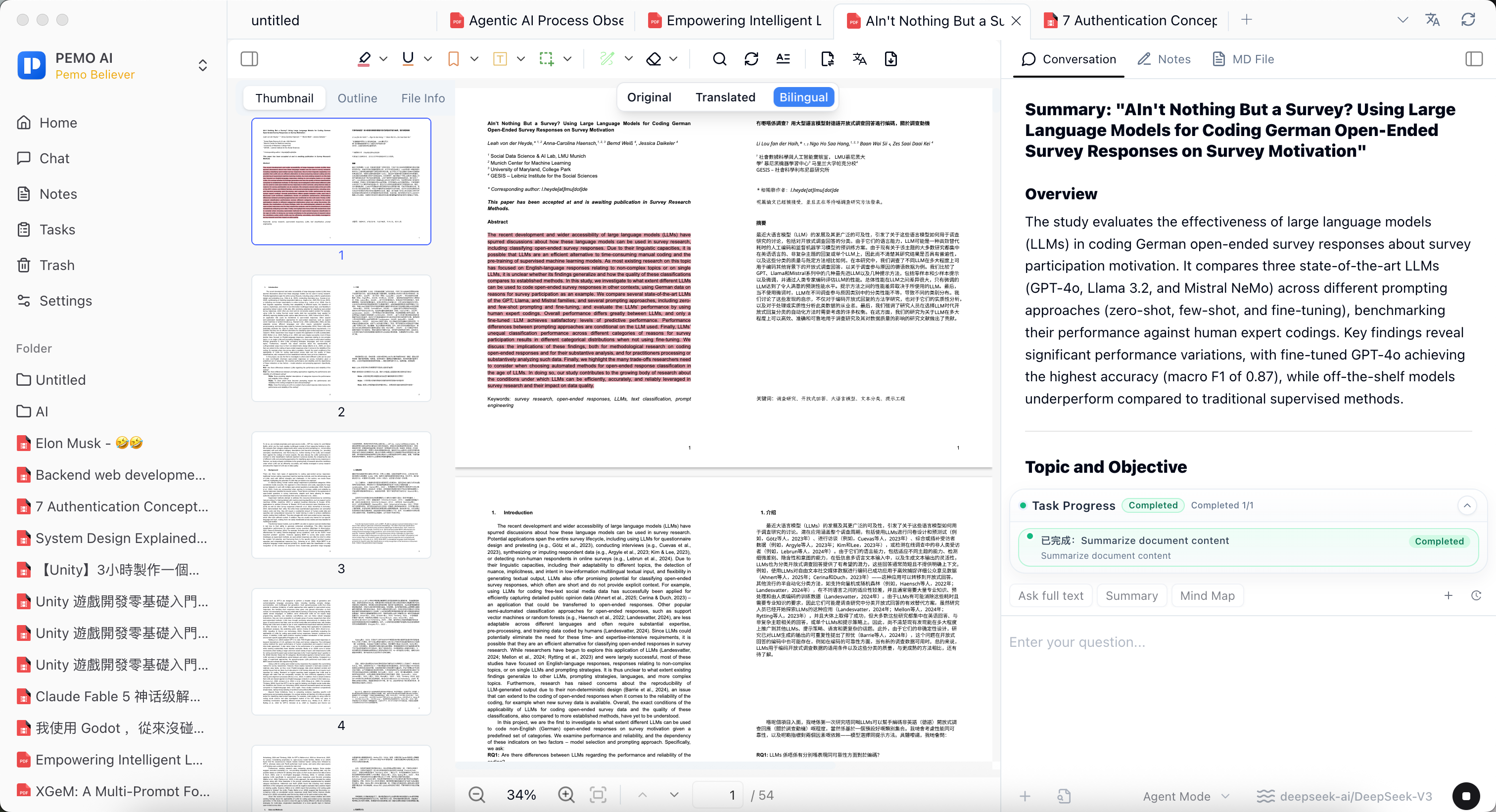 Pemo AI summary and task progress interface