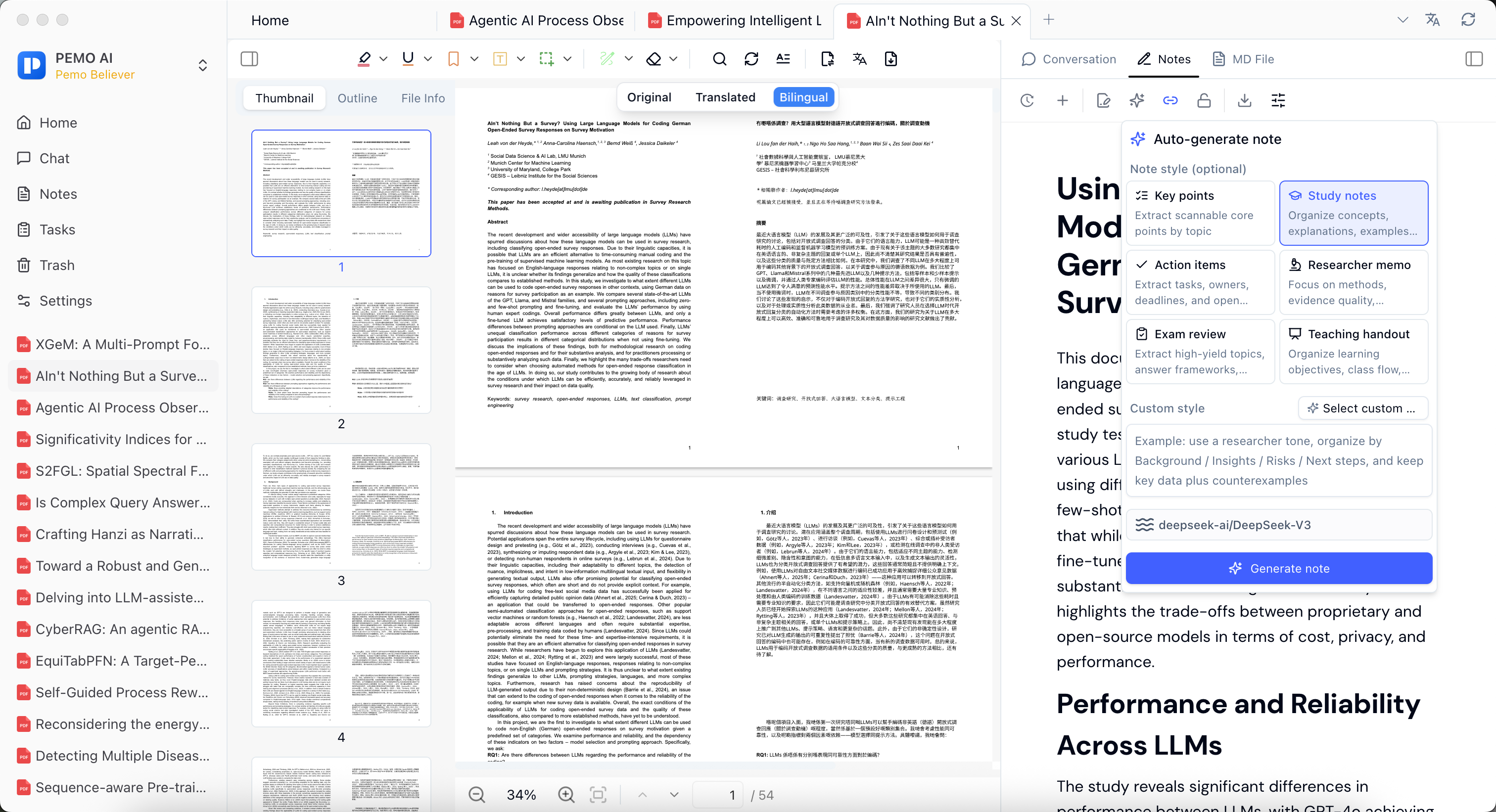 Pemo auto-generate note styles for PDF reading