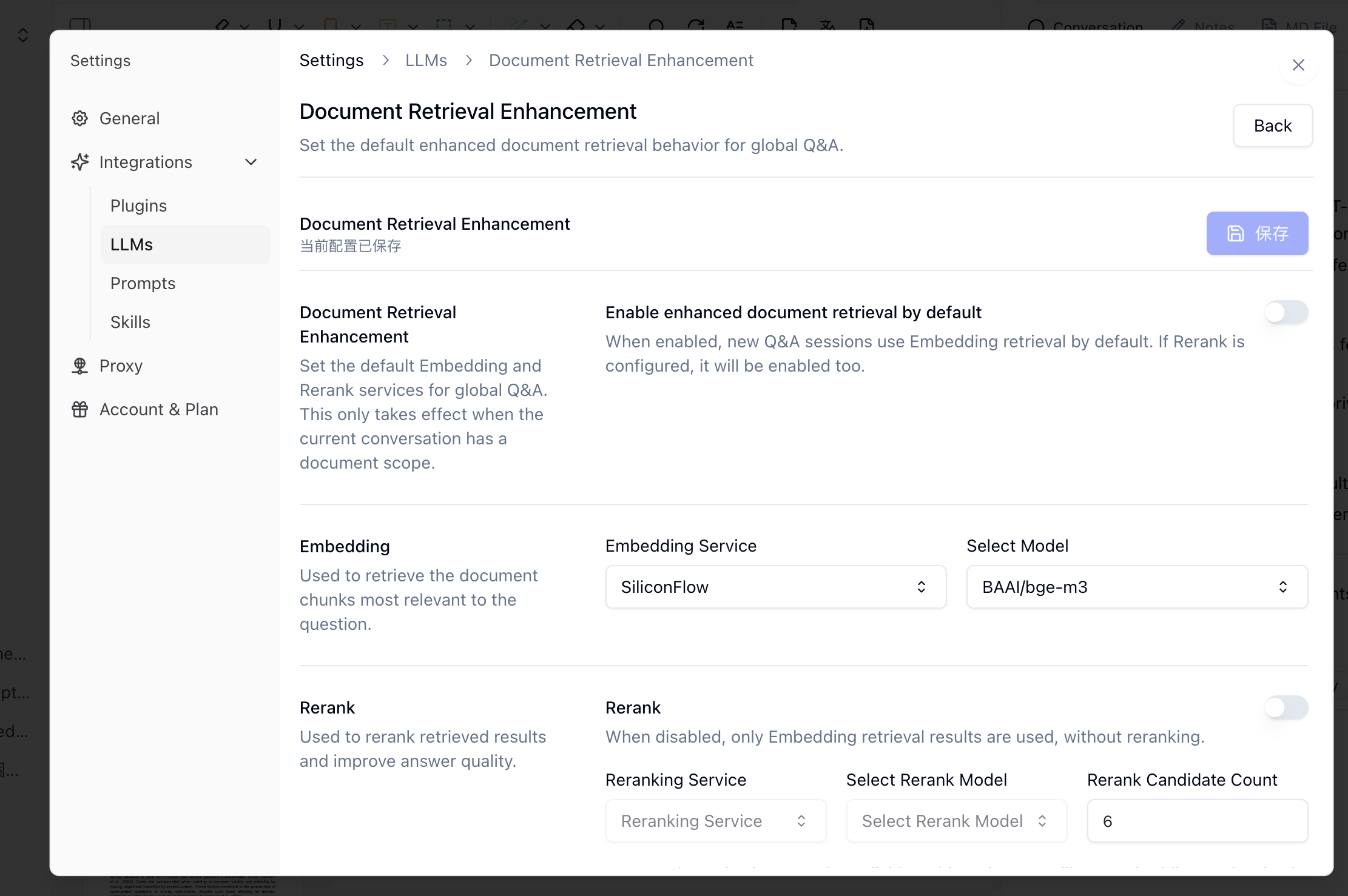 Pemo Document Retrieval Enhancement settings