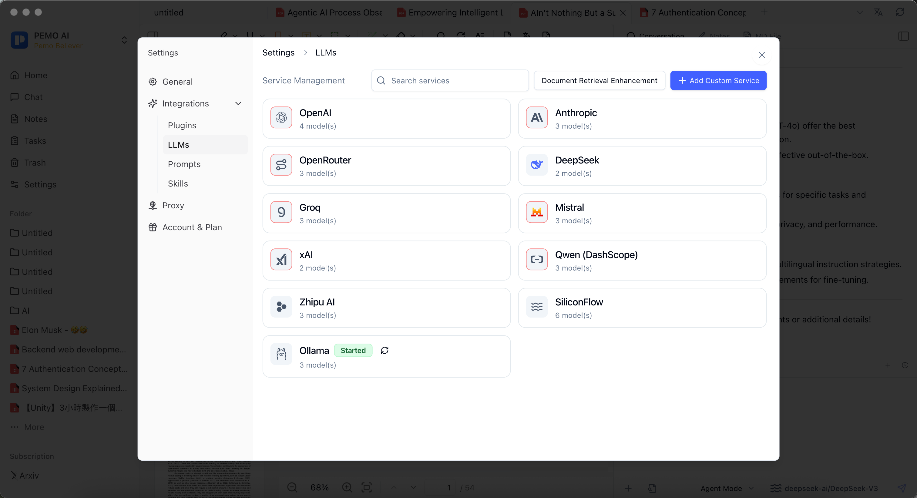 Pemo LLM service management with OpenAI, DeepSeek, SiliconFlow, Qwen, and Ollama