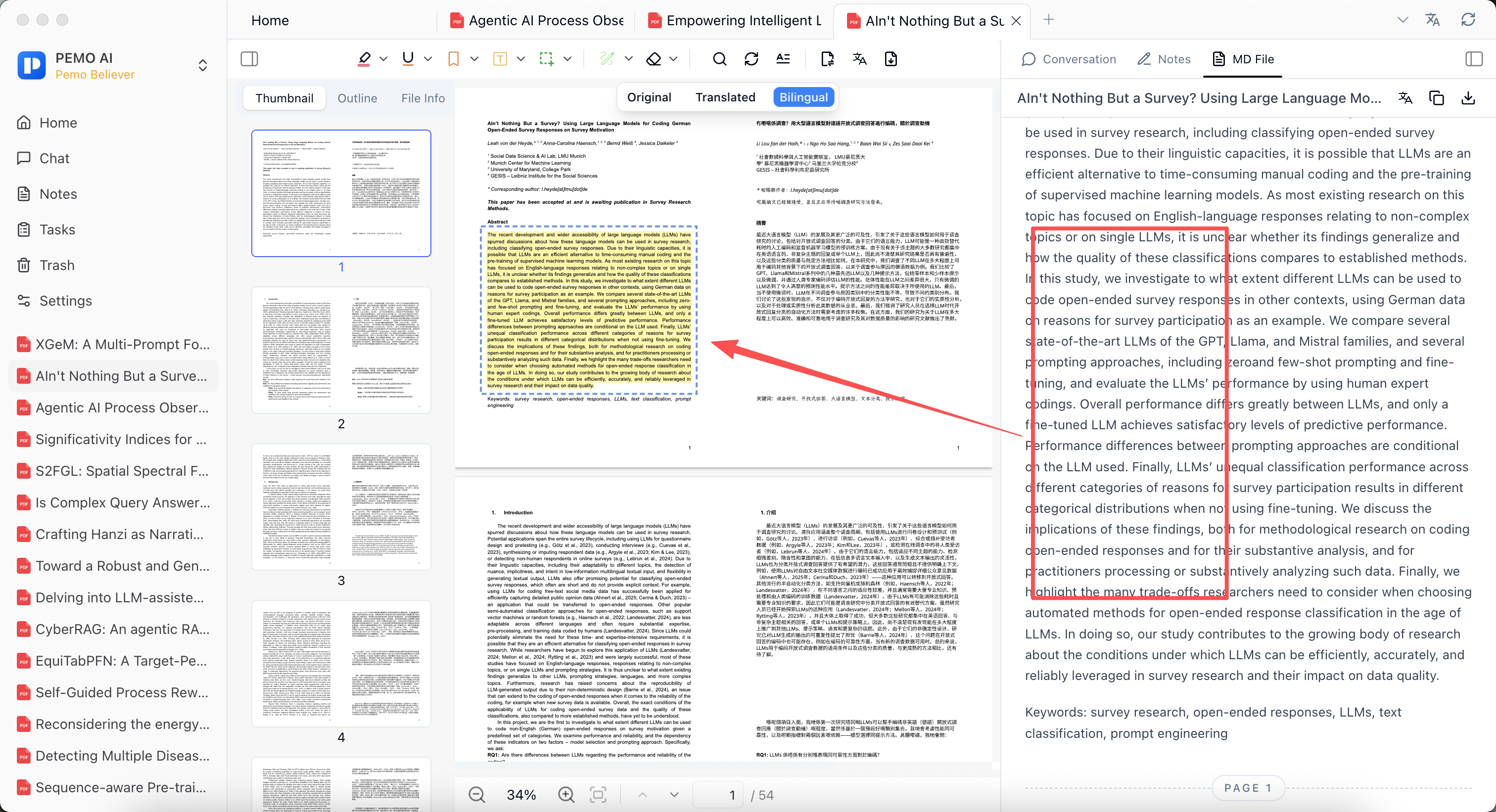 Pemo MD File view locating the original PDF paragraph