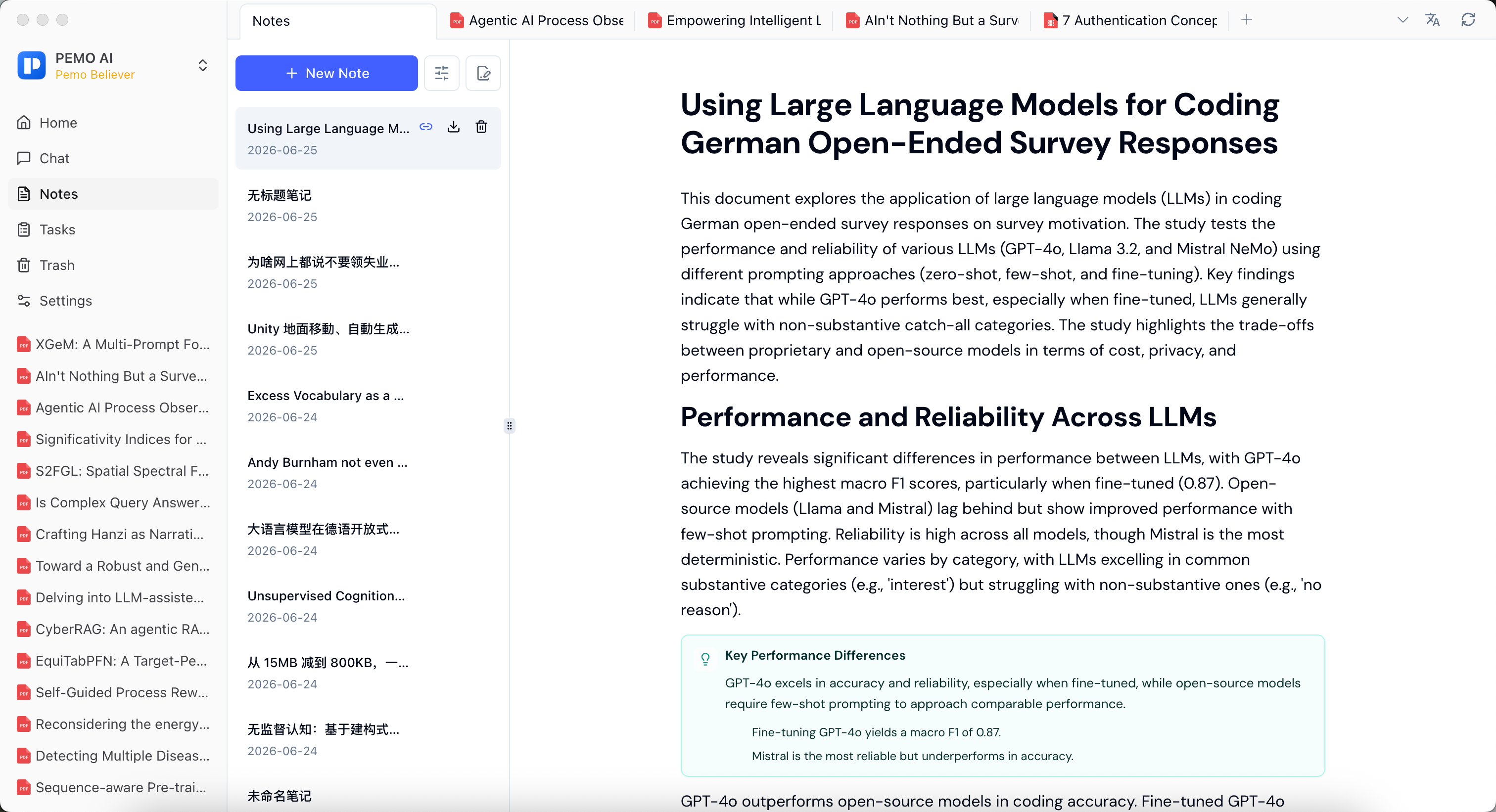 Pemo Notes page with generated notes from transcribed content