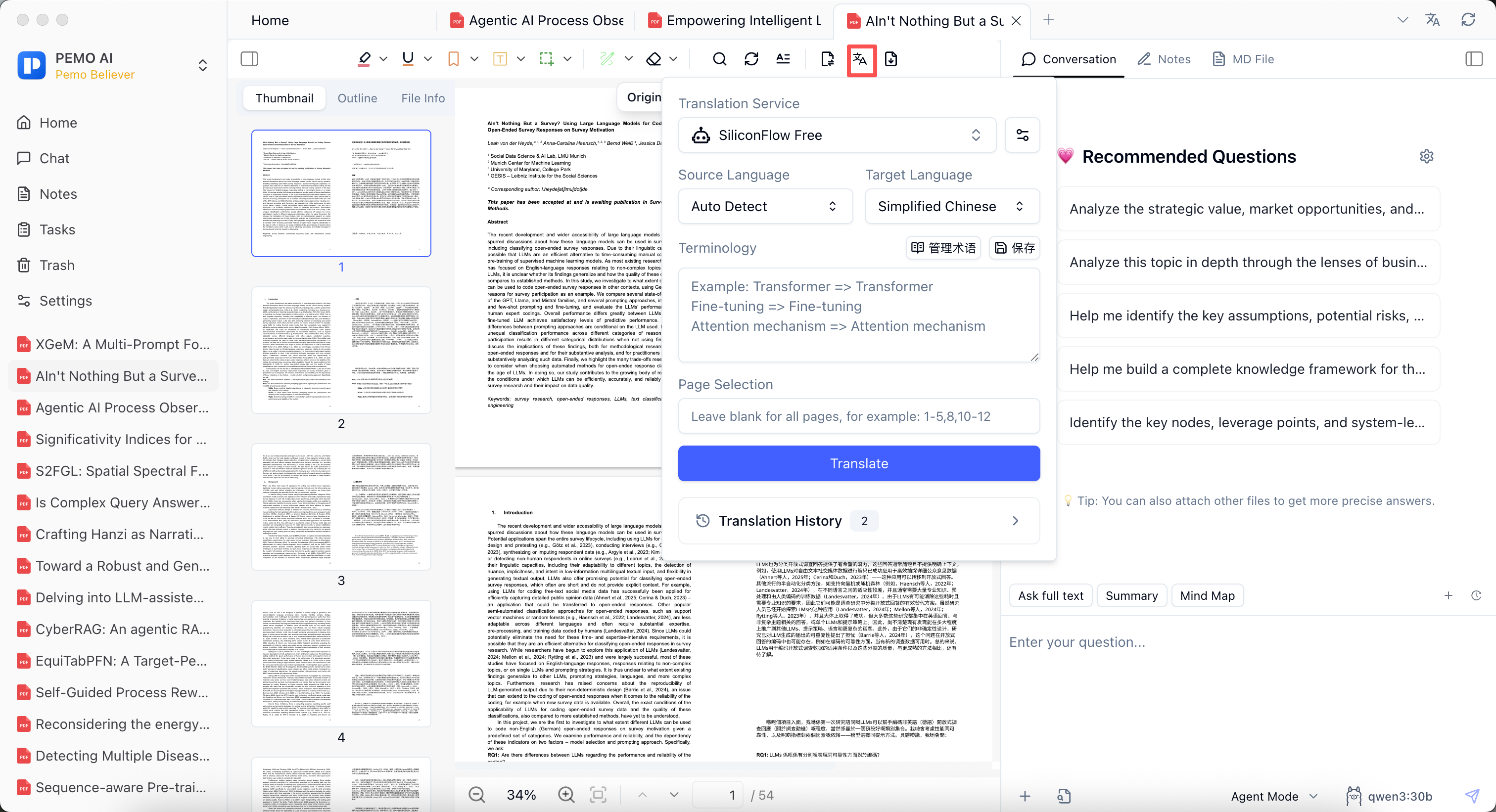 Pemo PDF translation settings for service, language, terminology, and page range