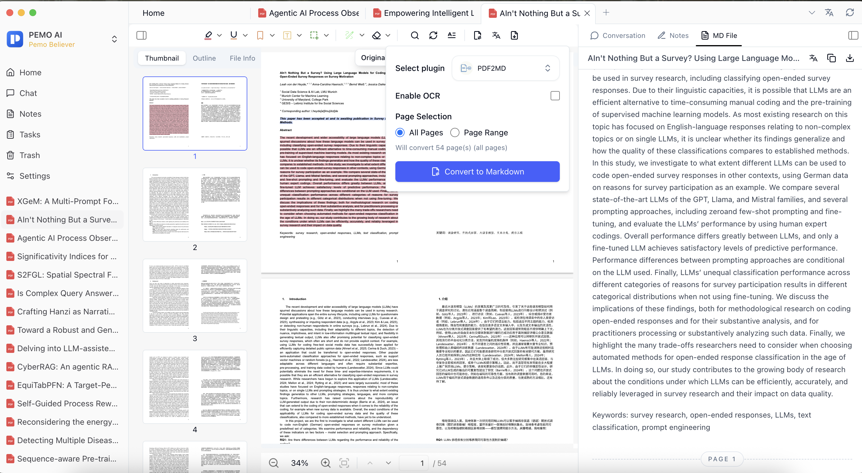 Pemo PDF2MD conversion panel with OCR and page selection