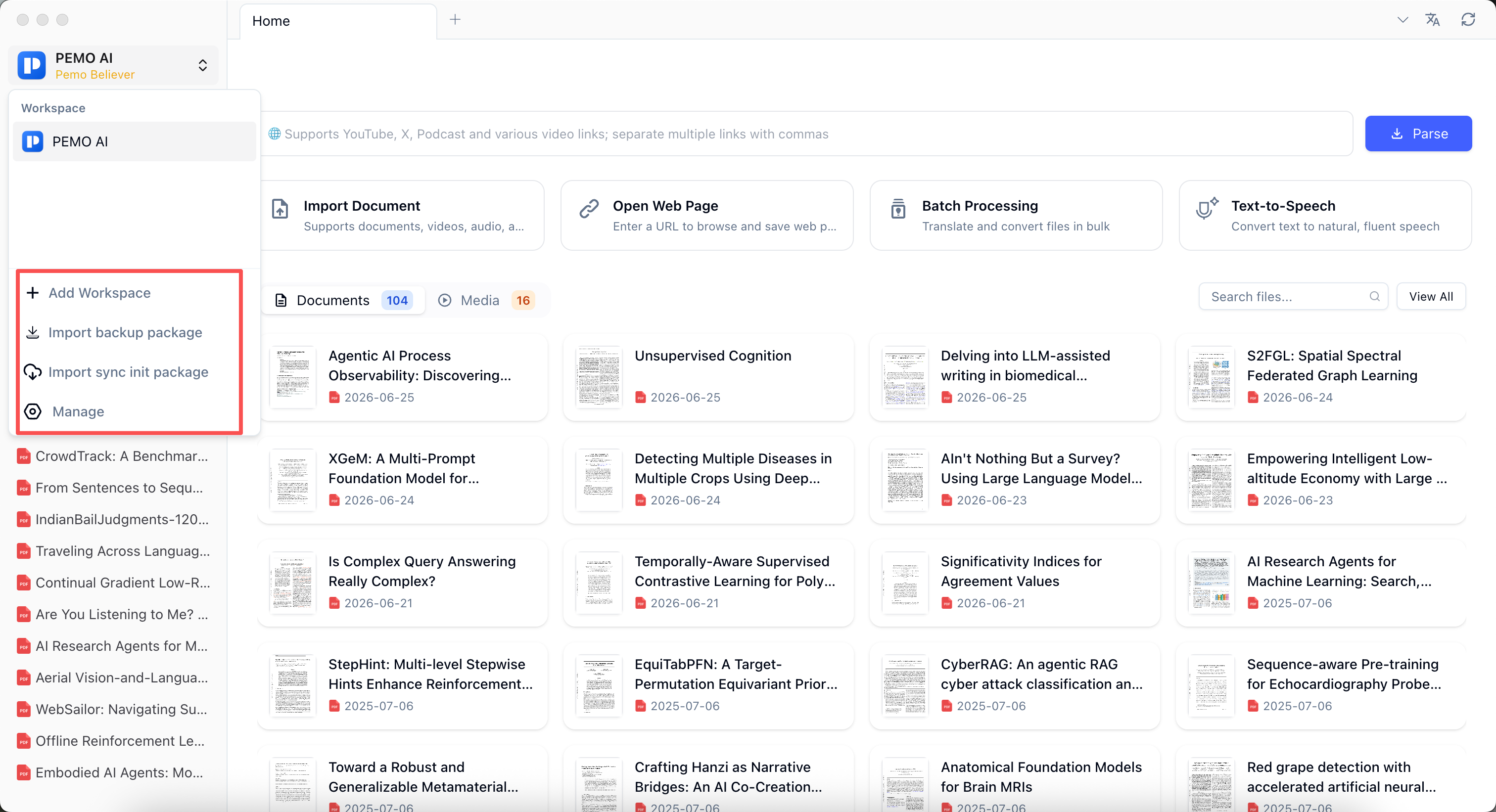 Pemo default workspace, workspace menu, and file library
