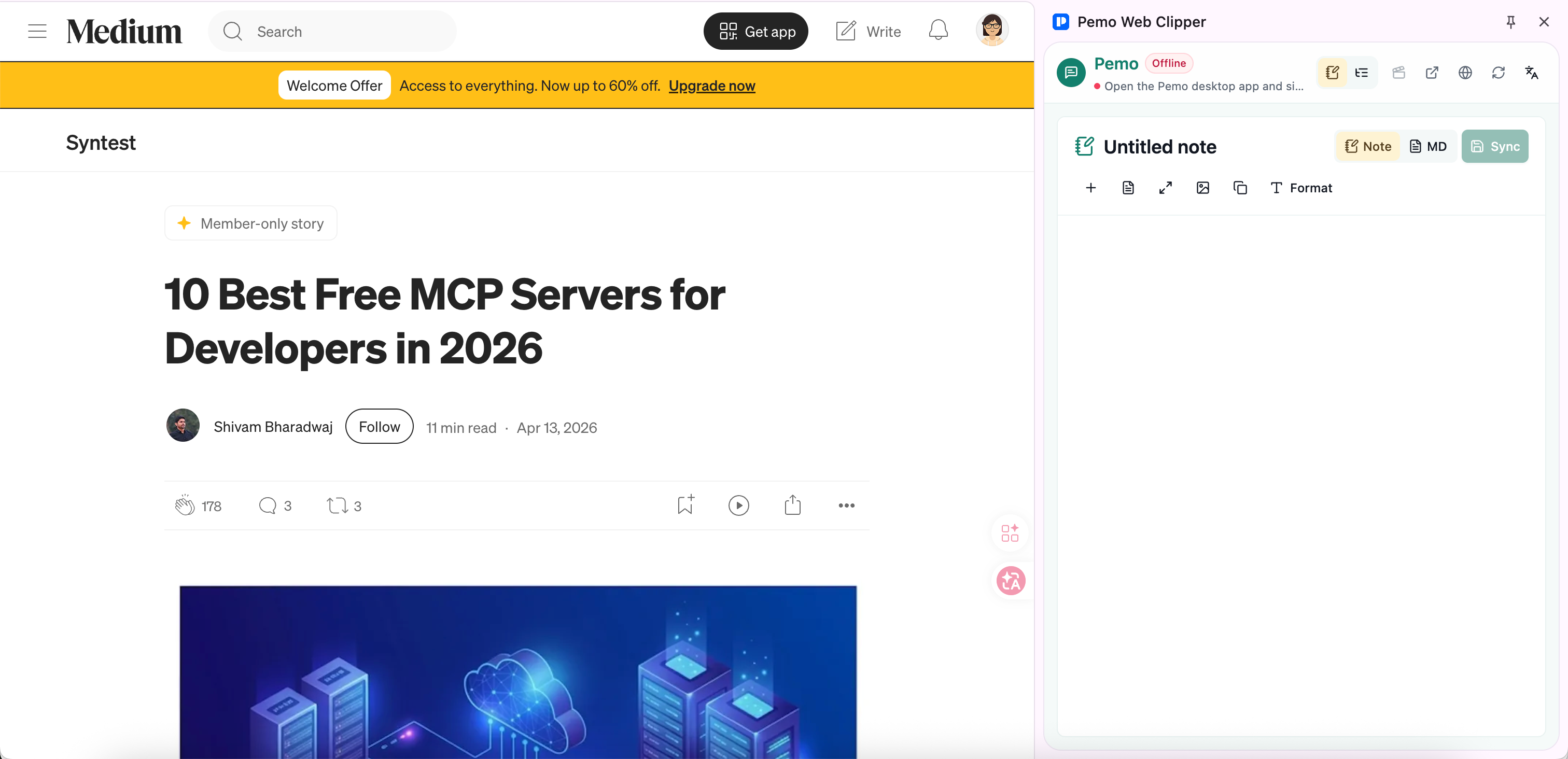 Pemo Web Clipper saving a Medium page in the browser side panel