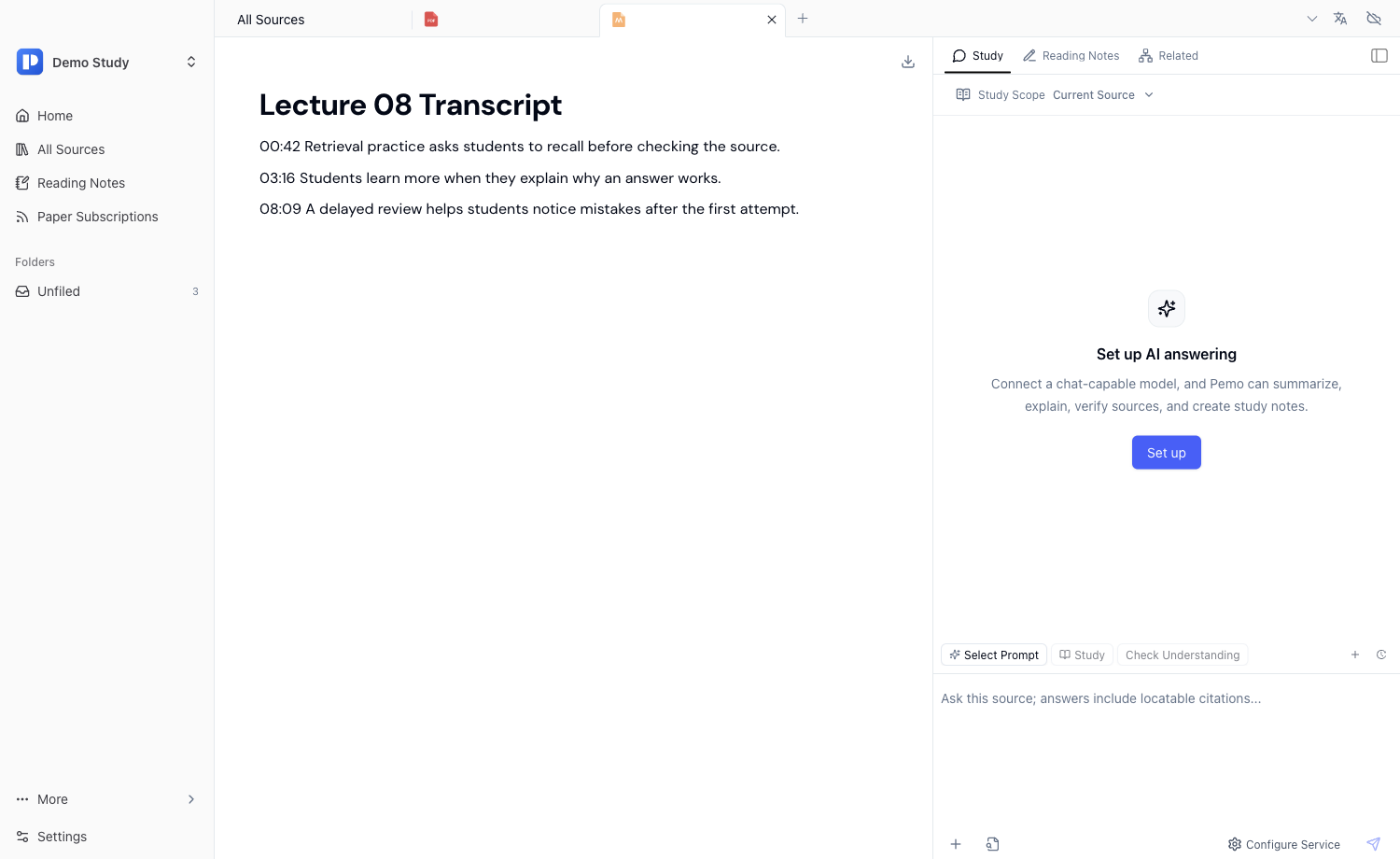 Pemo English media reader with timestamped subtitles and translated text