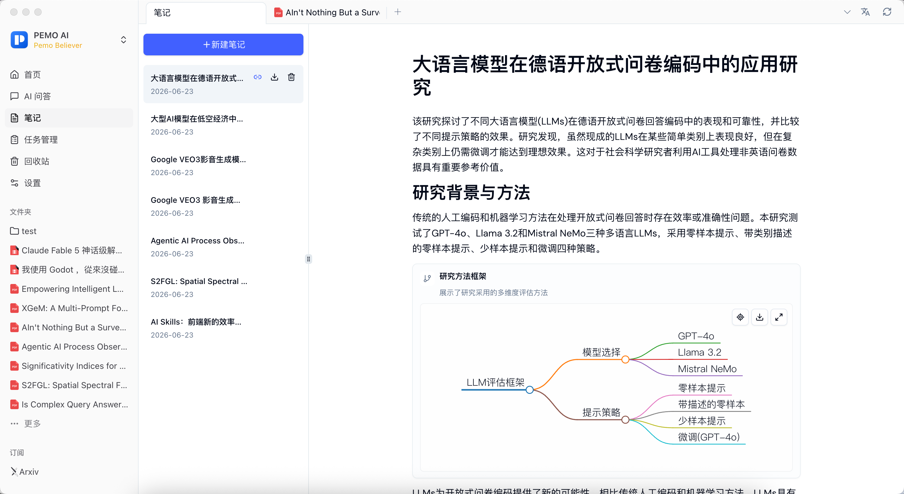 Pemo notes workspace with a note list, article content, and a mind map card